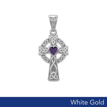 Celtic Cross White Gold Pendant with Heart Gemstone WPD5337 - Jewelry